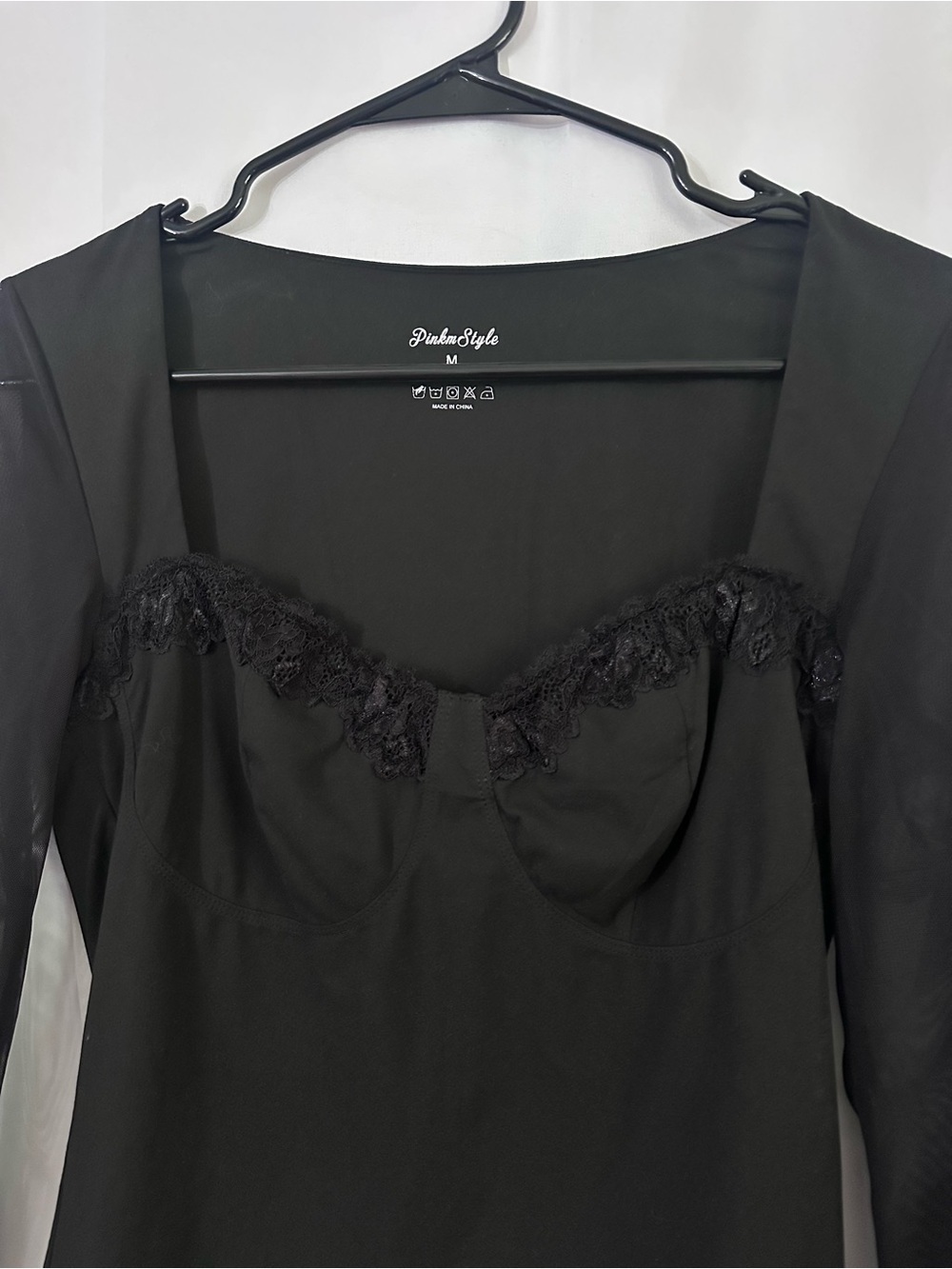 Black Long Sleeve Mesh Lace-Trim Sweetheart Top - Picture 2 of 4